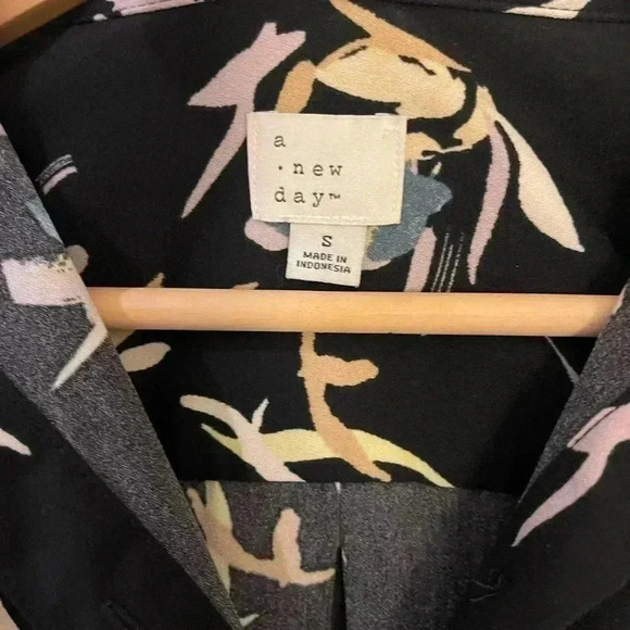 A new day floral shirt dress tie waist black midi long sleeve small - Picture 7 of 9